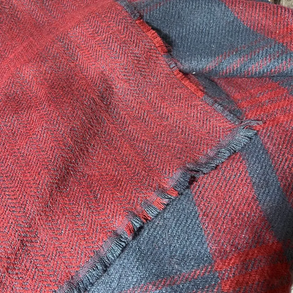 Womens Woven Knit Plaid Scarf Wrap with Fringe Blue Red Soft and Warm